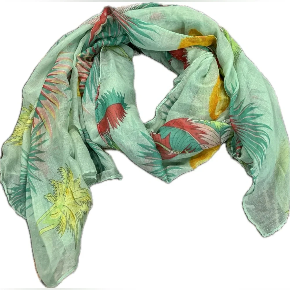 Pink, Green,‎ and Yellow Fronds On Light Green Scarf or Sarong